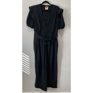 Farm Rio Wide Leg Jumpsuit XL Black Bubble Sleeve V Neck Date Night Party Modern